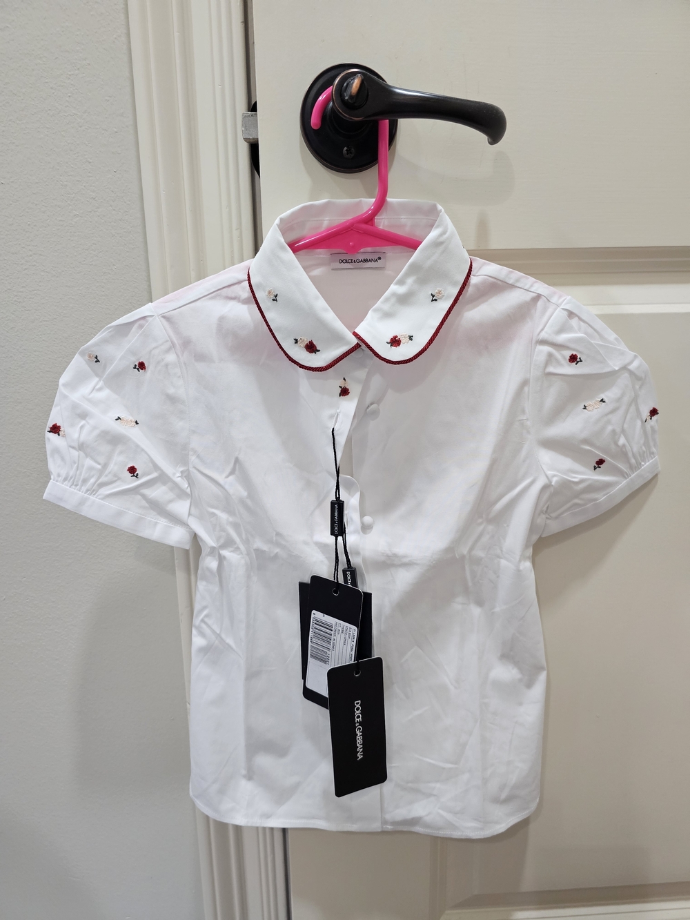 Dolce & Gabbana Girls' White Shirt with Red Trim and Embroidery